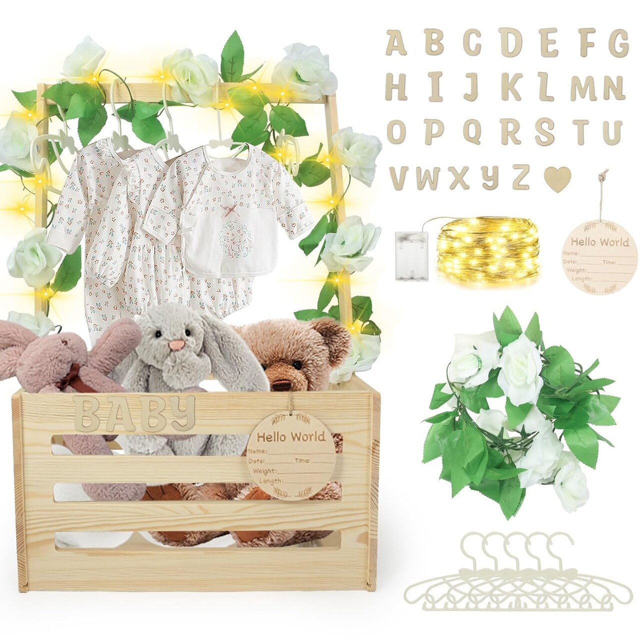 Wooden Baby Shower Crate Closet, Personalized DIY Storage Crate Hamper Set with Baby Announcement Sign, Hangers, Letter Lights Garland
